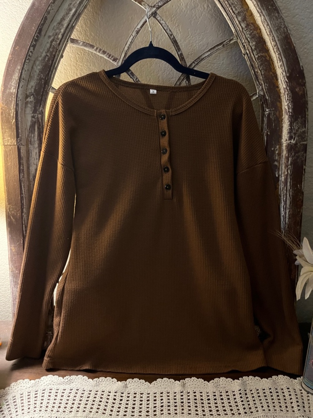 Waffle Knit Henley Top in Rich Brown, Size Medium